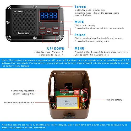 Solar Driveway Alarm Wireless Outside 1800ft Range, Outdoor Motion Sensor & Detector Driveway Alert System with Rechargeable Battery/Weatherproof/Mute Mode(1&2-Brown)