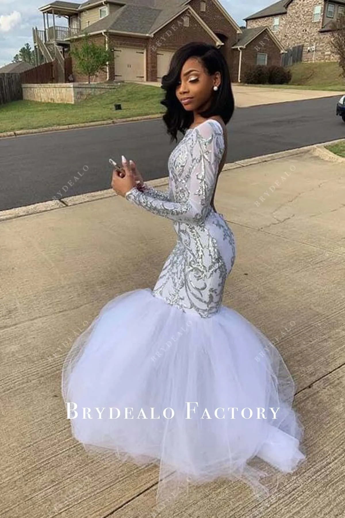 Sparkly Sequin Long Sleeve White Tulle Trumpet Prom Dress