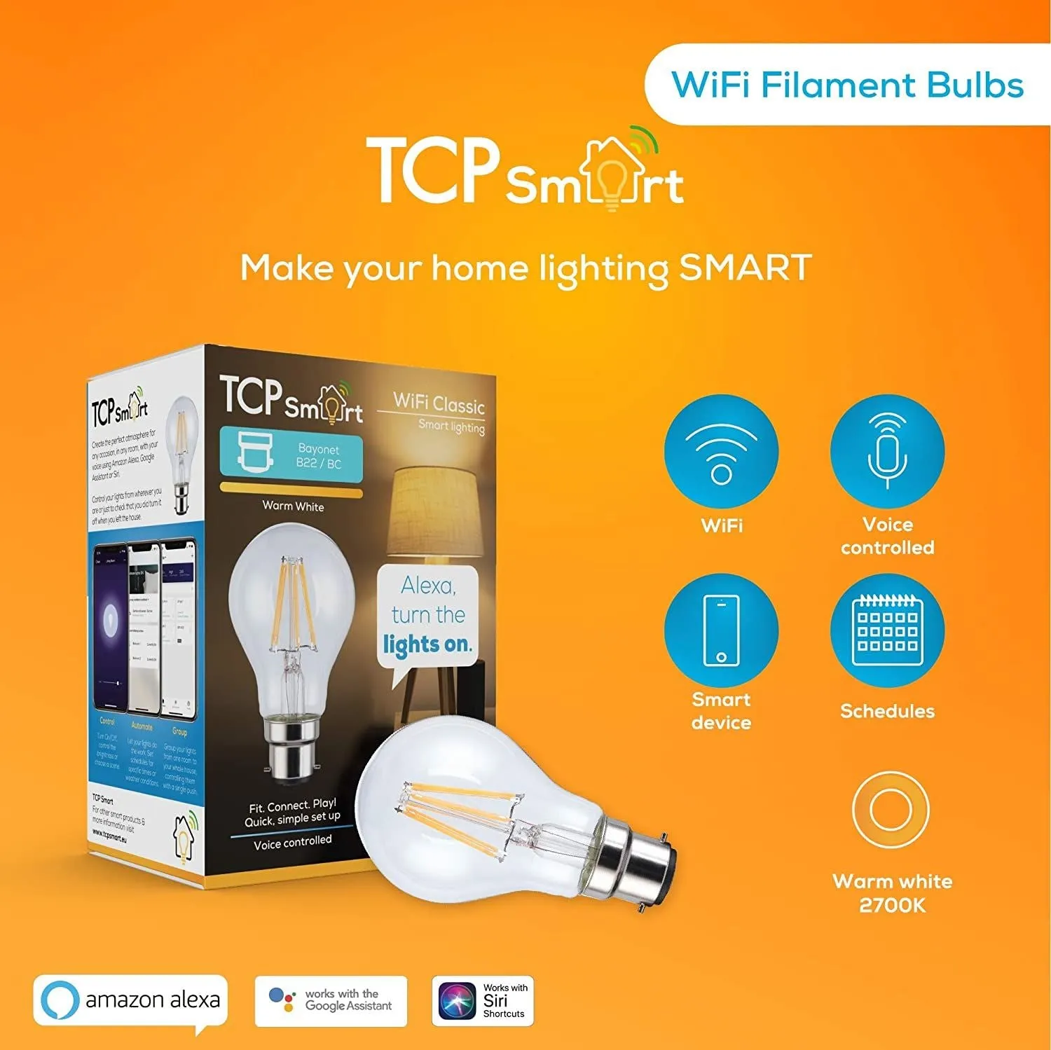 TCP Warm White B22/BC Bayonet Wifi Smart LED Bulb - FA60B2OWW2527