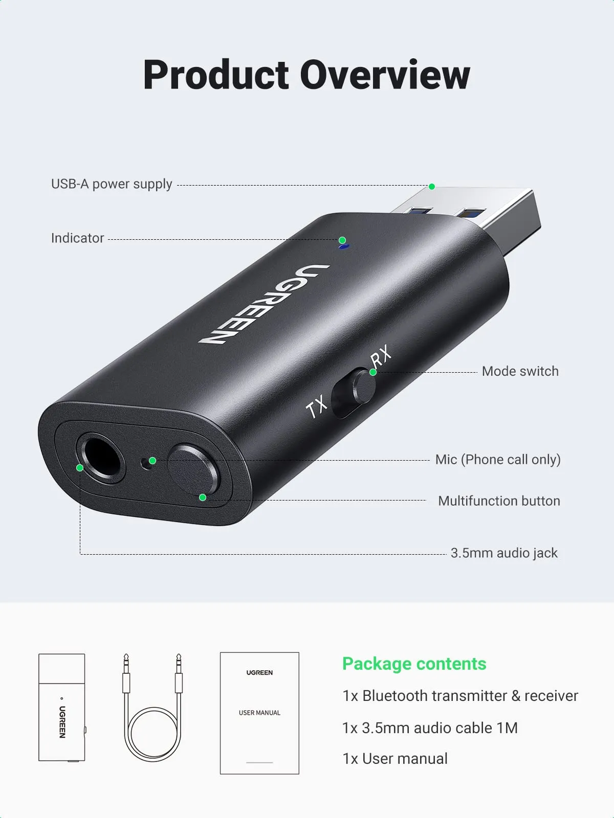 UGREEN Bluetooth 5.1 Transmitter and Receiver 2-in-1.