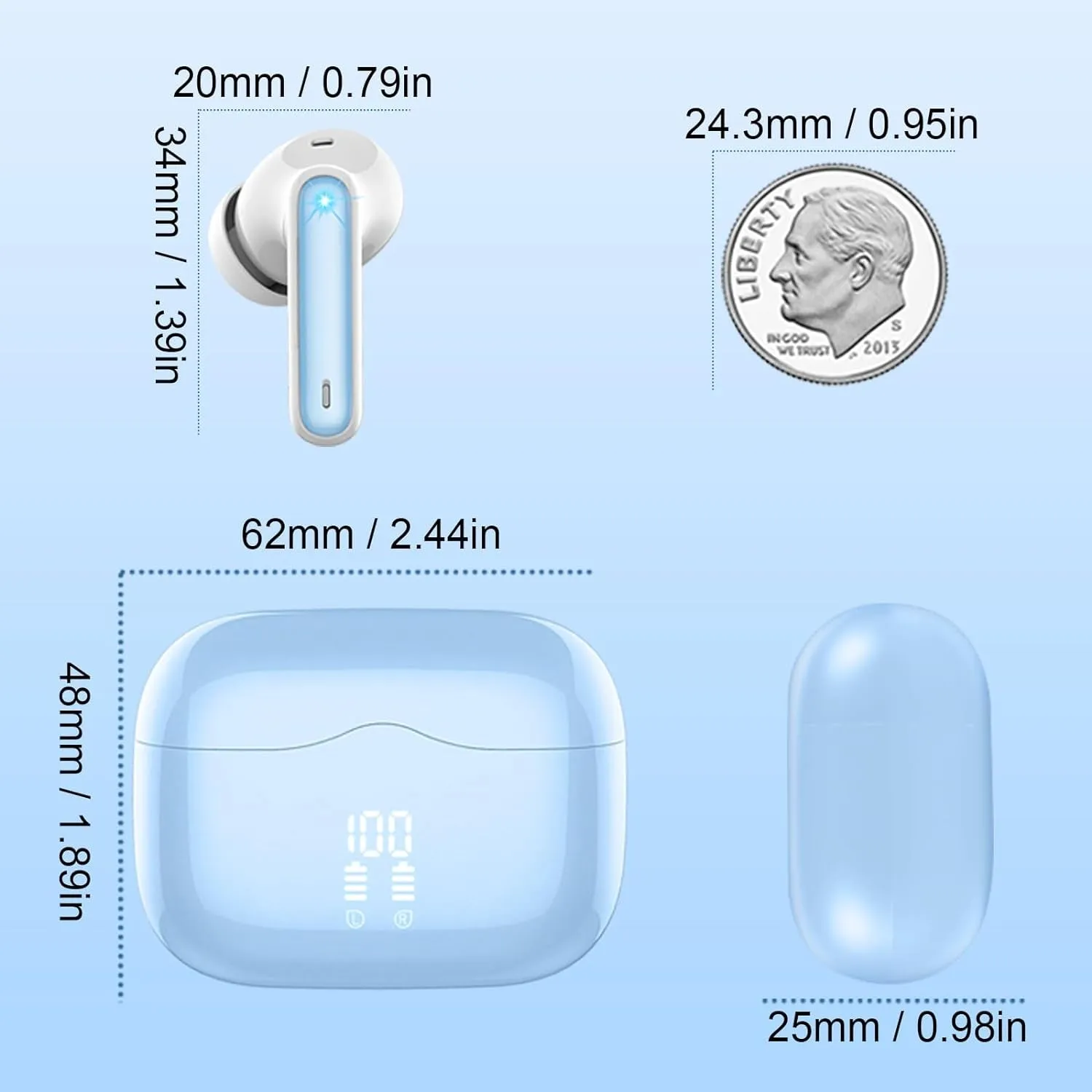 Wireless Earbuds, Bluetooth 5.3 Headphones in Ear with HiFi Stereo Deep Bass, 4 ENC Noise Cancelling Mic Wireless Earphones 40H Playtime, Bluetooth Earbuds Dual LED Display, IP7 Waterproof, Lake Blue