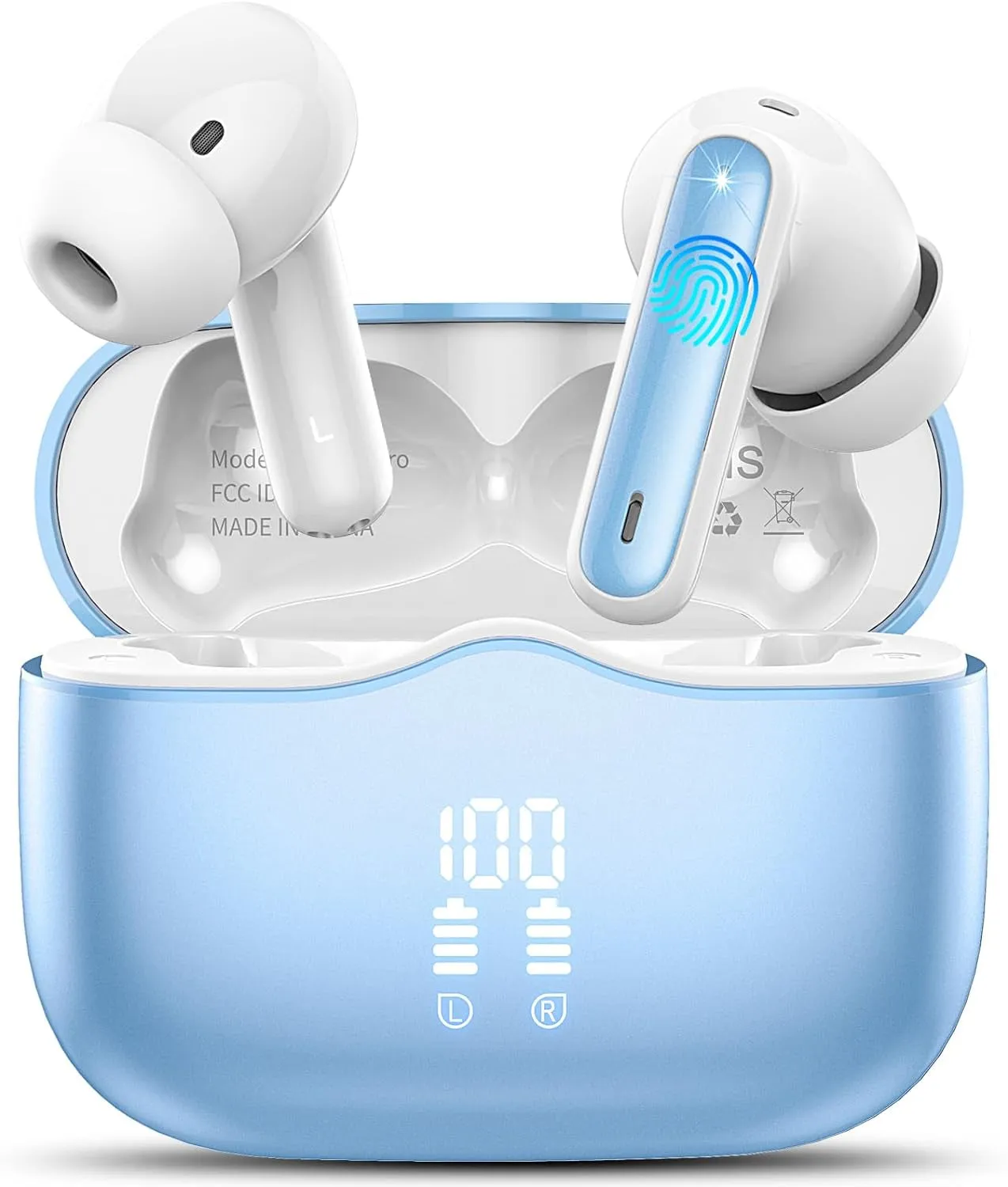 Wireless Earbuds, Bluetooth 5.3 Headphones in Ear with HiFi Stereo Deep Bass, 4 ENC Noise Cancelling Mic Wireless Earphones 40H Playtime, Bluetooth Earbuds Dual LED Display, IP7 Waterproof, Lake Blue