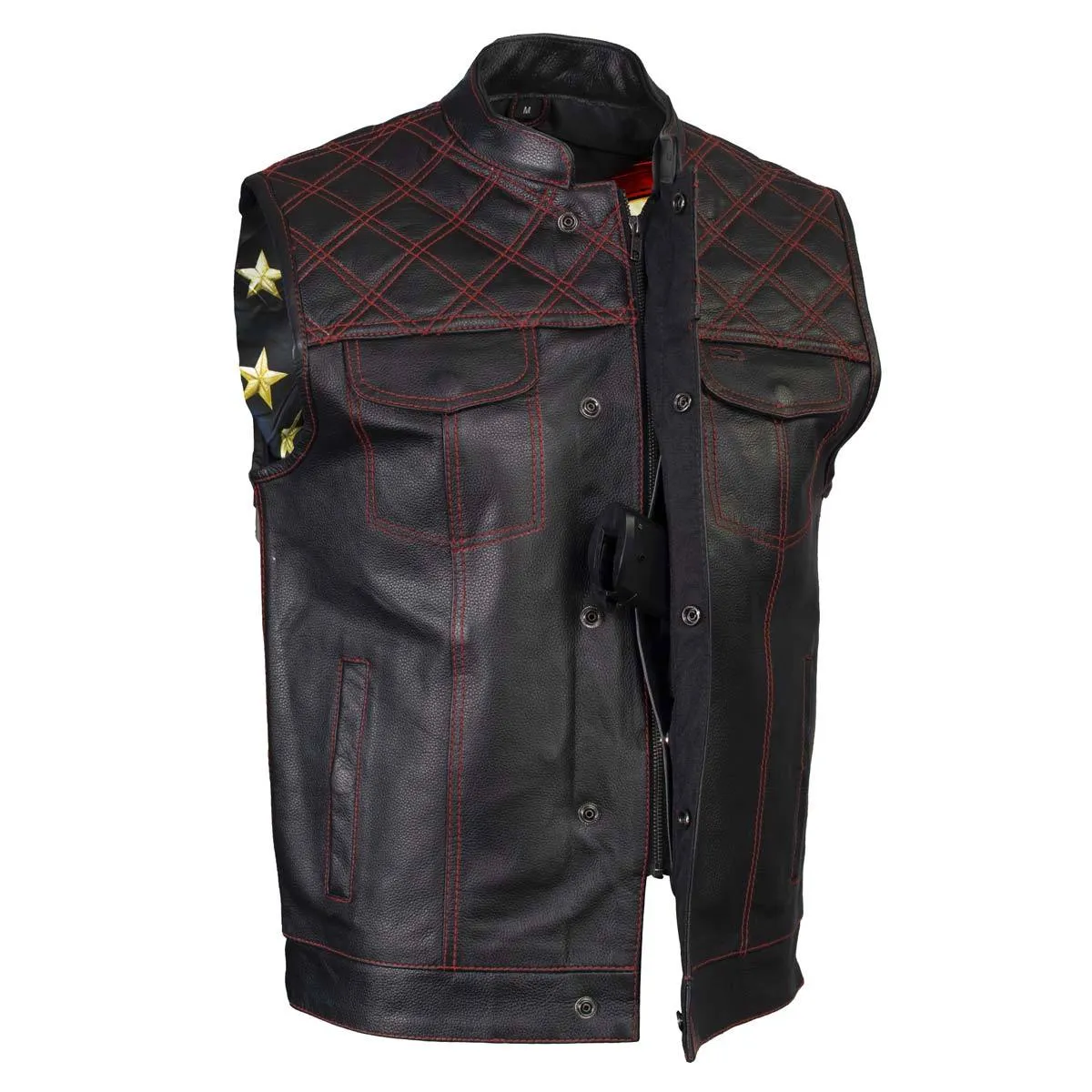 Xelement ‘Gold Series’ XS13002 Men's 'Stars and Stripes’ Black Leather Motorcycle Vest with USA Flag Liner