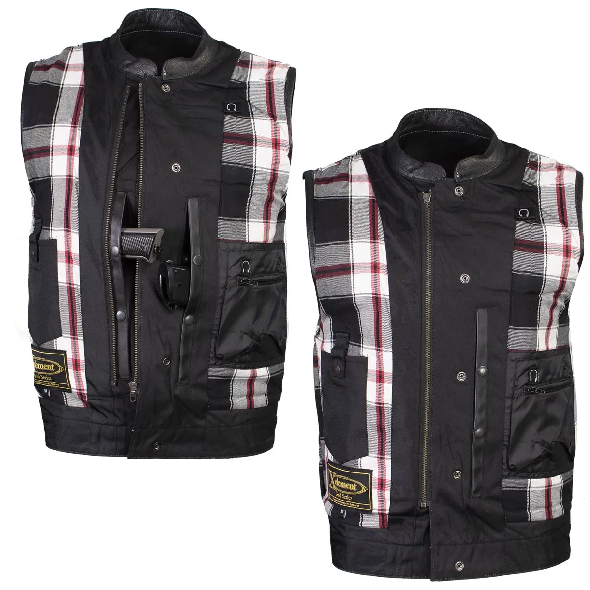 Xelement ‘Gold Series’ XS13004 Men's 'Dagger’ Black Leather MC Vest with Flannel Liner