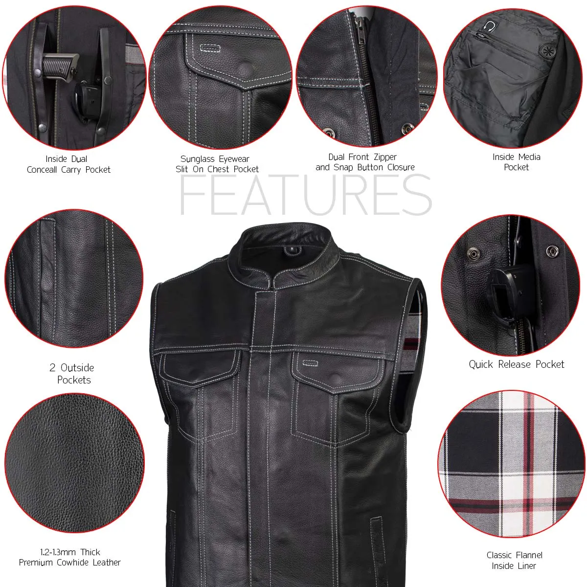 Xelement ‘Gold Series’ XS13004 Men's 'Dagger’ Black Leather MC Vest with Flannel Liner