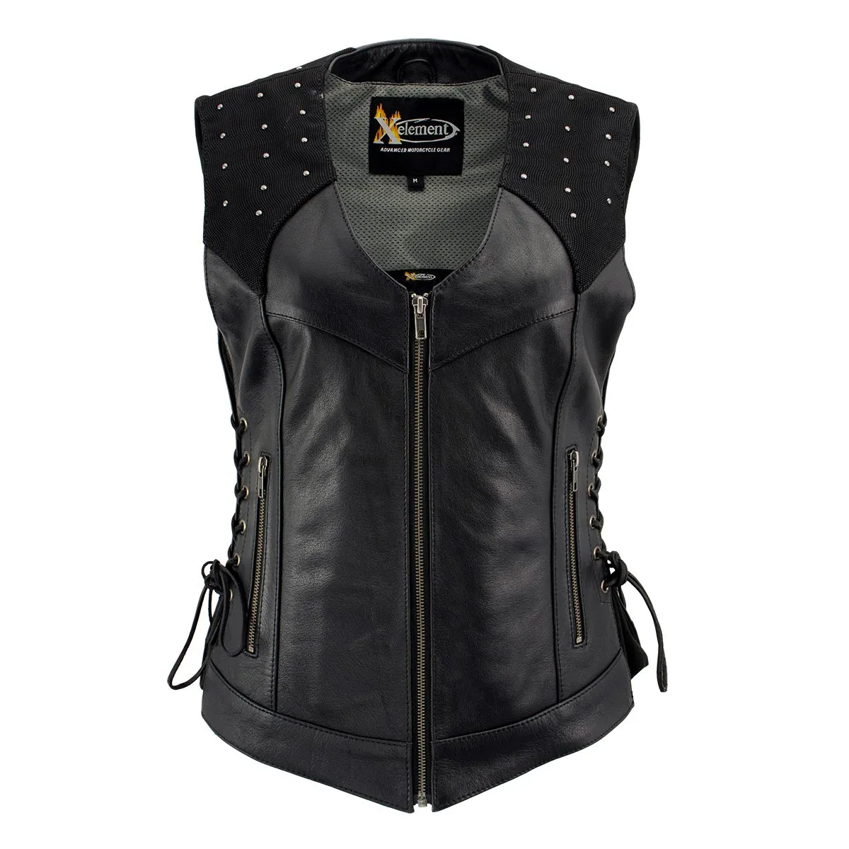 Xelement XS24001 Women's ‘Winged’ Black Studded Motorcycle Rider Leather Vest with Reflective Wings