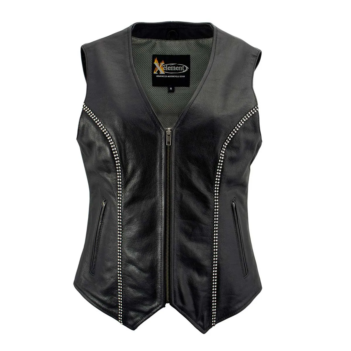 Xelement XS24002 Women's 'Bling' Black Leather V-Neck Motorcycle Rider Vest with Rhinestone Bling Detail