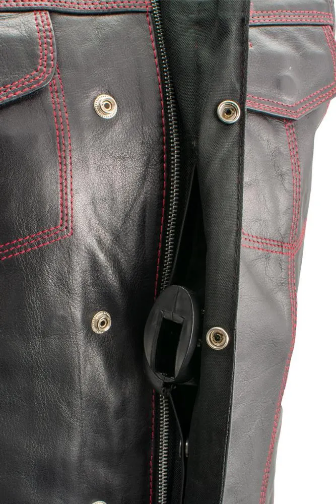 Xelement XS3449 Men's 'Paisley' Black Leather Motorcycle Biker Rider Vest with Red Stitching