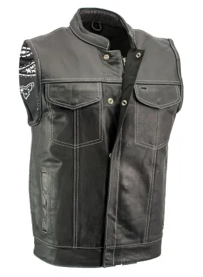 Xelement XS3450 Men's Black 'Paisley' Leather Motorcycle Biker Rider Vest with White Stitching